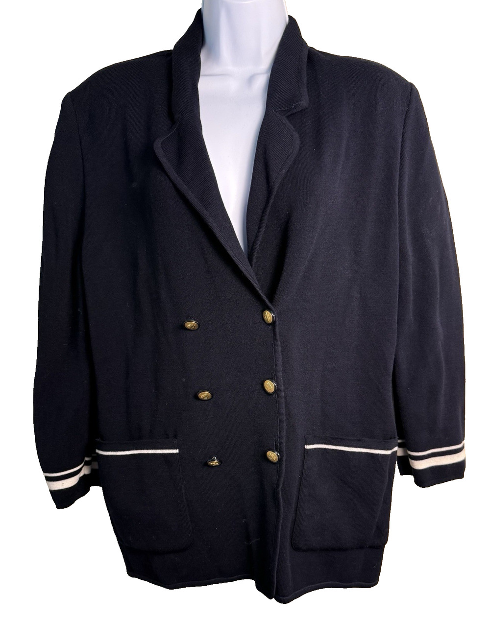Horst Basler Knit Blazer 42 navy white double breasted Classic Preppy Old Money